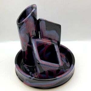 Signed Rare Earth Pottery Purple Black 3 Tier Vase Or Office Pencil/Pen Holder